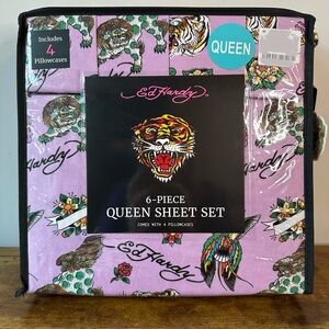 New Ed Hardy Queen 6 Pc Double Brushed Sheet Set Purple Rose Tiger Bedding Y2K